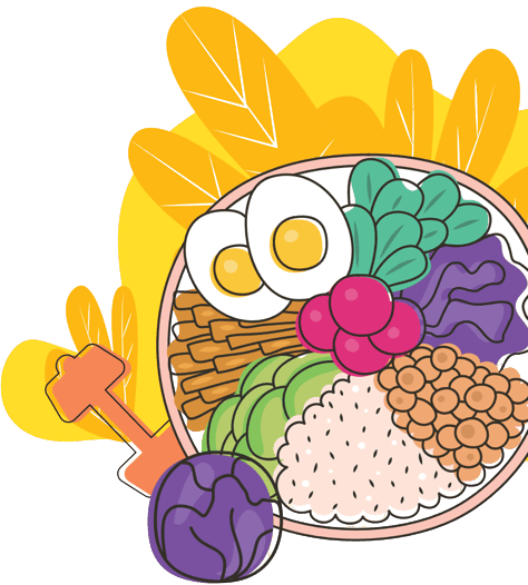 Illustrated healthy salad bowl with eggs and vegetables.