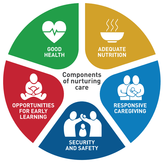 Diagram of nurturing care components for children.