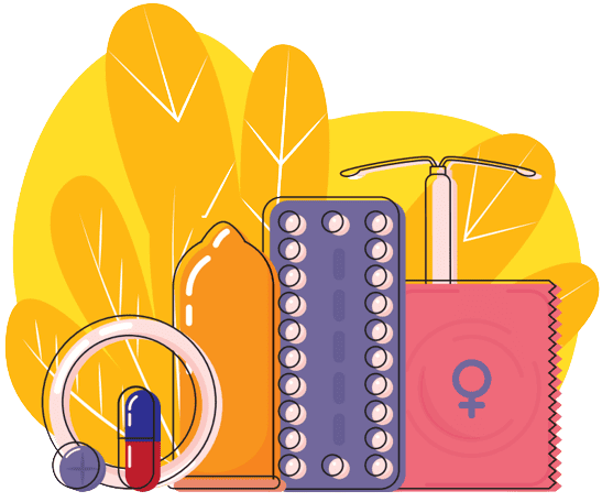 Various contraceptive methods illustrated creatively.