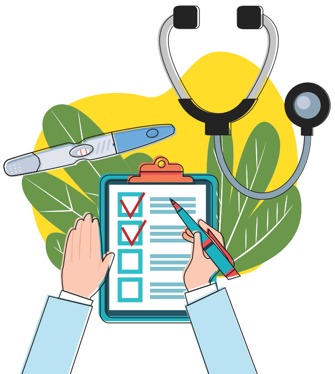 Pregnancy test, checklist, stethoscope on leafy background