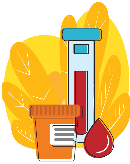 Blood test samples and specimen container illustration.