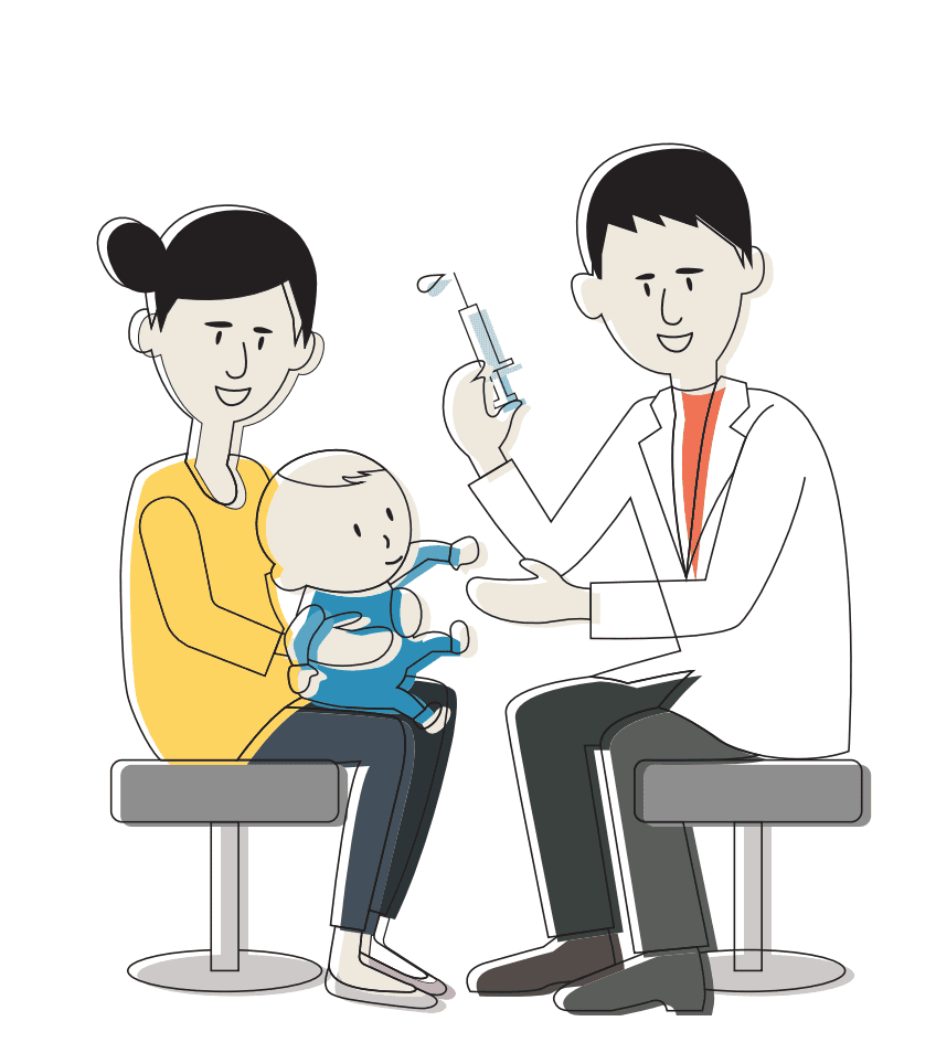 Doctor vaccinates baby on mother's lap.