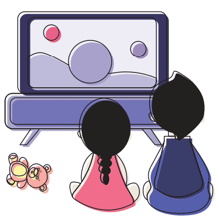 Children watching television with a teddy bear