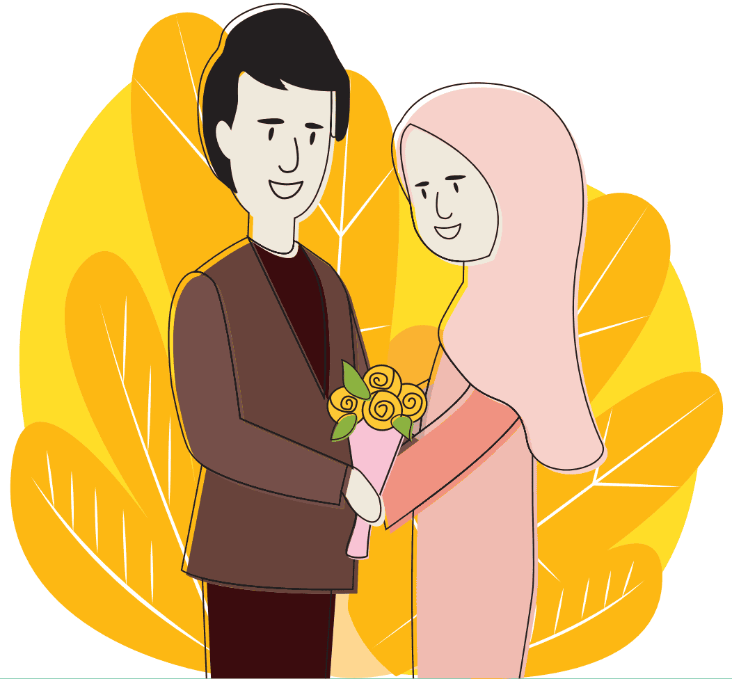 Couple holding bouquet, autumn leaves background