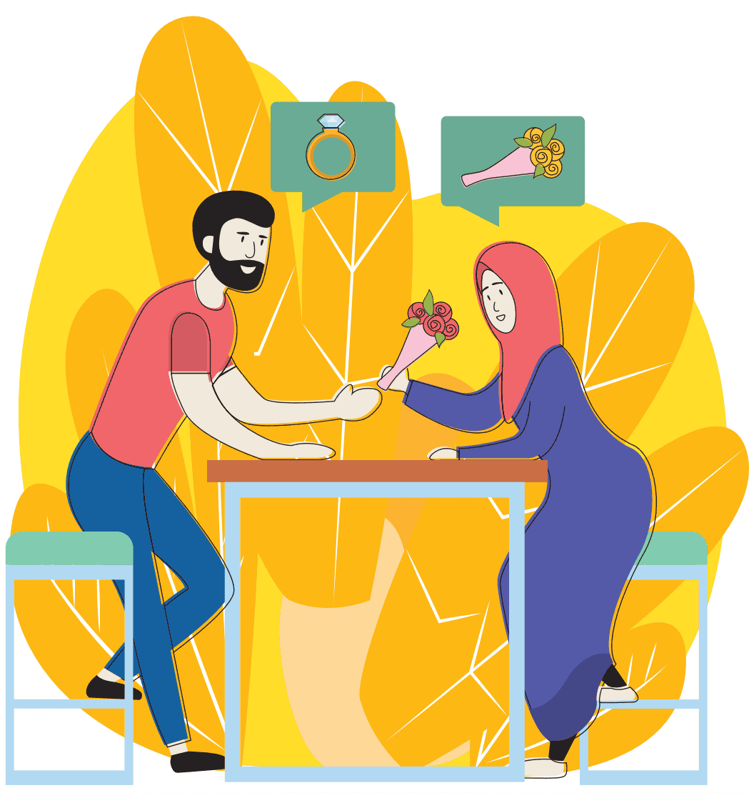 Couple exchanging flowers, ring shown in speech bubbles.