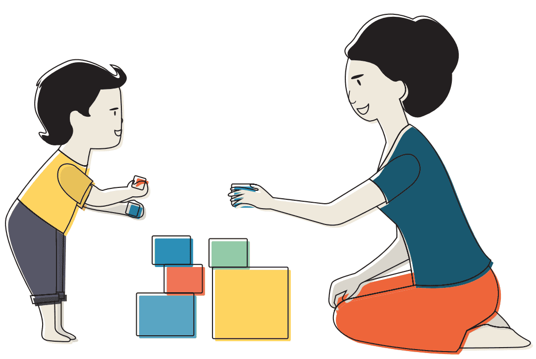 Illustration of adult and child building with blocks.
