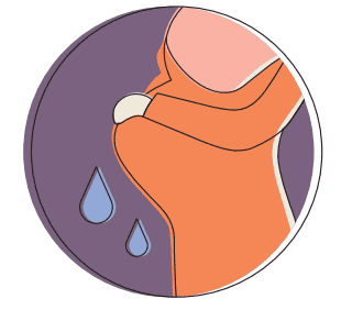 Urinary incontinence illustration showing bladder leakage with water droplets.