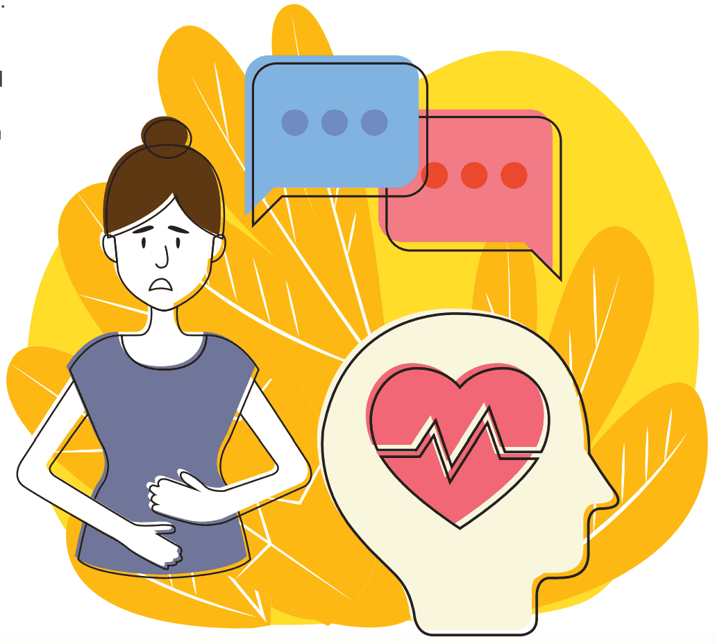 Woman with abdominal pain, heart and mind health concept.