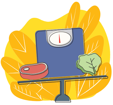 Scales balanced with meat and lettuce, healthy diet concept.