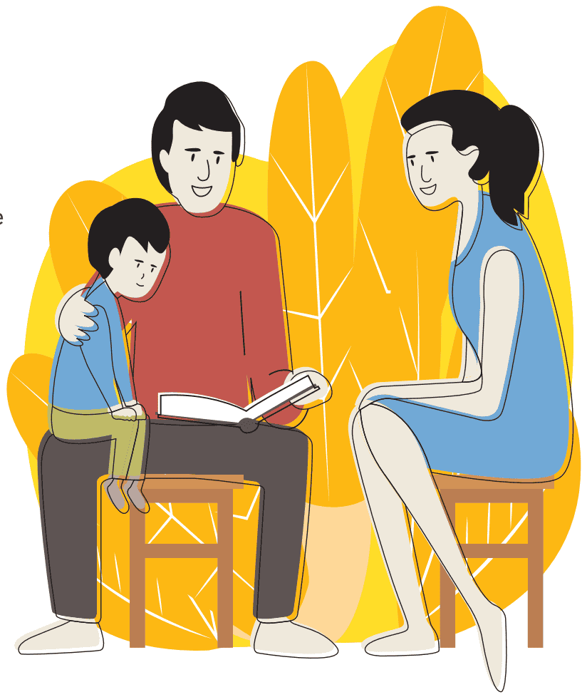 Family reading book together on chairs.